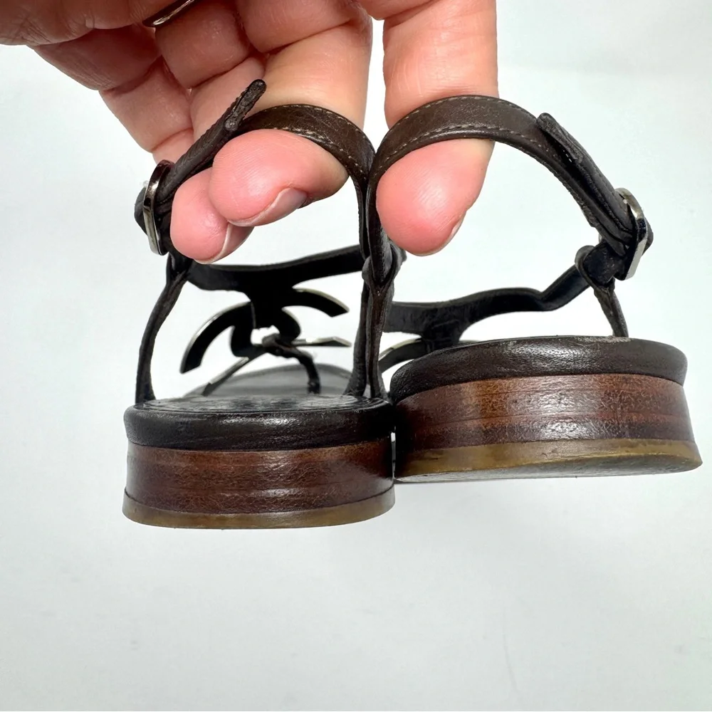 Chanel Dark Brown Leather Silver CC Logo T-Strap Thong Sandals